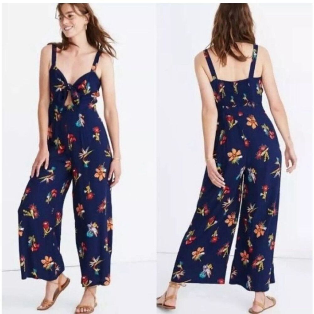 Madewell Navy Plumeria‎ Cutout Jumpsuit in Bird of Paradise Size 14 Smocked Back